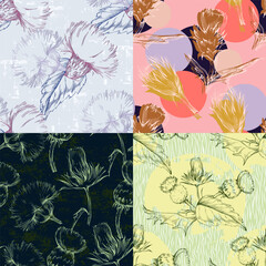 Scottish Thistle Flower Seamless Pattern. Colorful abstract flowers bouquet.