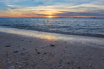 A beach with seashells along the ocean during the sunrise and blue hour.