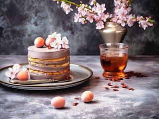 Easter egg and cake on grey table background.