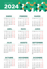 Calendario 2024 en español. Semana comienza el lunes. Sábados y domingos en rojo. Ilustración	
