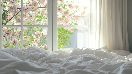 Interior of bedroom: bed with crumpled white cotton bed linen and window with view of pink cherry blossoming tree and sunlight