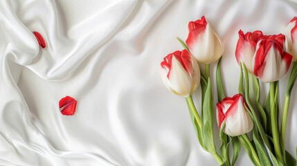 Red spring tulip flowers flat lay over white silk fabric background. Copy space. View from above.