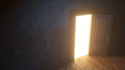 Light shines from door opening in dark room