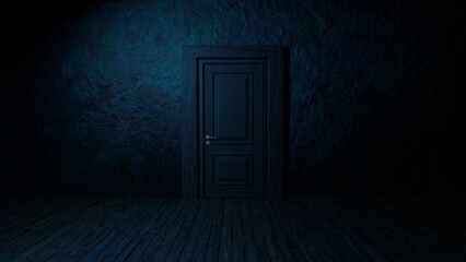 Closed door in a dark room. - obrazy, fototapety, plakaty