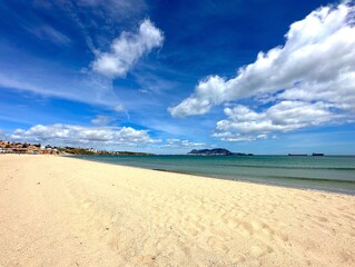Playa de Getares beach near Algeciras on the Bay of Gibraltar with a view towards Gibraltar, Andalusia, Spain