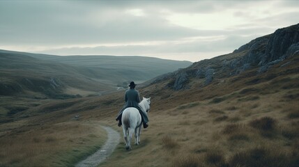 the person is riding their horse in the hilly area alone
