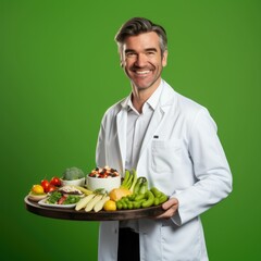 Man Holding Tray of Food on Green Background