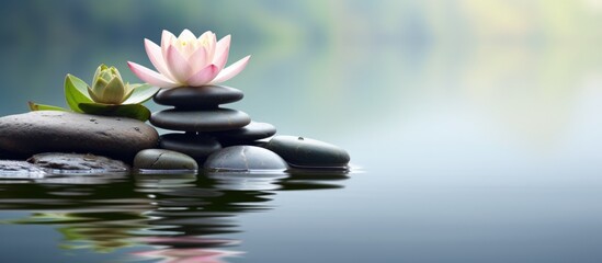 Beautiful lotus or lily flower and stack of stones on water surface blur background. Generate AI - obrazy, fototapety, plakaty