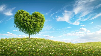 A solitary tree with its leaves and branches trimmed into the shape of a heart stands in the middle of a lush, flower-speckled meadow under a blue sky with scattered clouds