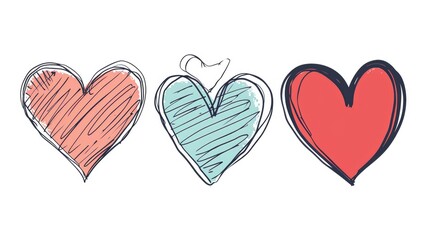 A set of three different heart doodles, one outlined, one solid, and one sketched