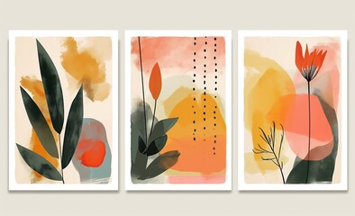 three boho tropical plant and flower artwork picture frame collection set on wall, minimal style home wall hanging decor, mockup idea, Generative Ai