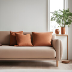 Close up of fabric sofa with terra cotta pillow against window and white wall.