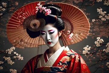geisha with fan - obrazy, fototapety, plakaty