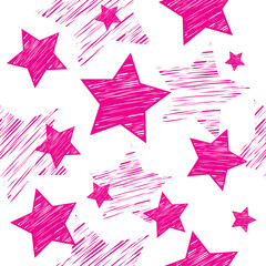 Abstract seamless pattern for girls, children, fashion clothes, sky wallpaper. Funny creative design. Bright pink color Repeated backdrop. Stars background. Silhouette shape elements.