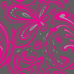 Paisley ornament seamless pattern. Simple vector hand drawn illustration. Dark background and pink contours. Big paisley, small ones and little flowers.