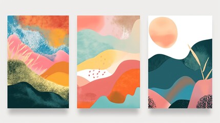 three boho freeform shape line and dot grungy art illustration  picture frame collection set on wall, minimal style home wall hanging decor, mockup idea, Generative Ai