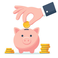 Vector illustration of a hand putting coins into a piggy bank