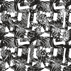 Abstract seamless pattern for girls, boys, sport, fashion clothes. Grunge urban repeated background with silhouette shape dots, ink. creative modern wallpaper for guys in black and white colors
