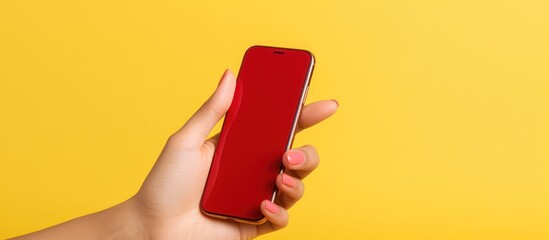 Woman hand holds a mobile phone with a red screen on a red copy yellow background. Generate AI - obrazy, fototapety, plakaty