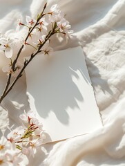 Greeting card invitation mockup, watercolor paper with a spring pink sakura branch on a linen table cloth.