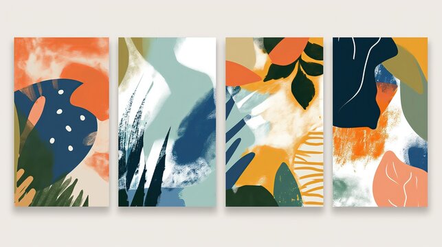 four boho tropical plant and flower artwork picture frame collection set on wall, minimal style home wall hanging decor, mockup idea, Generative Ai