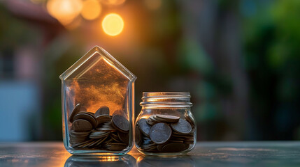 hand placing a golden coin into the glass house under soft evening light, symbolizing personal saving Ideal for personal finance blogs or motivational saving posters - obrazy, fototapety, plakaty