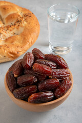 Traditional iftar table with dates fruit,olive and ramadan pita