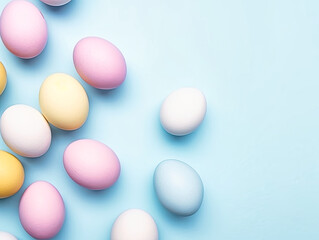 Easter party concept. Top view photo of Easter eggs on a blue background