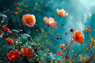 beautiful flowers against blue sky. delicate soft pastel color flowers in the morning mist,