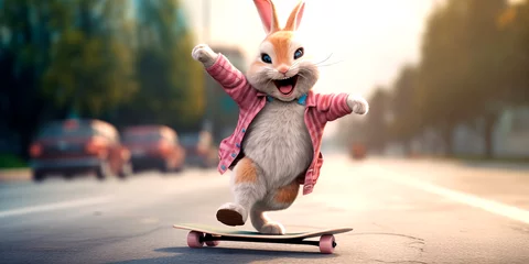 Foto op Canvas Funny bunny rides a skateboard on a summer day along the street.  Anthropomorphic Cute hare rides a skateboard. Easter concept.  Creative animal concept. © Vero