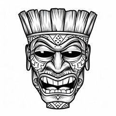 a drawing of traditional Tiki mask in black and white.