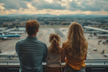 Happy family waiting for departure in a modern airport terminal, looking out the window together. - obrazy, fototapety, plakaty