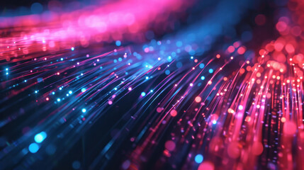 Brilliant red and blue fiber optic lights create a vibrant dance of technology and speed, symbolizing high-speed internet connectivity and modern communication