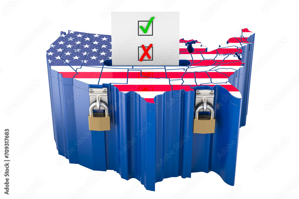 Poster ballot box as the usa map. election in the us, concept. 3d rendering isolated on transparent backgro