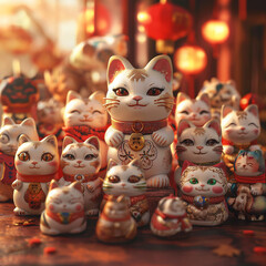 招き猫の集団。猫。縁起物。置物。人形。