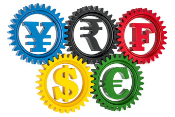Currency gears colored, conversion and exchange of currencies, concept. 3D rendering isolated on transparent background