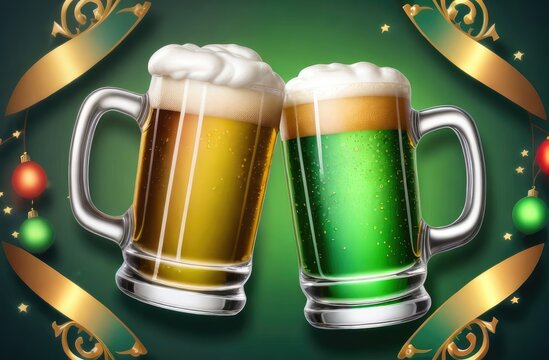 St Patrick's day greeting card with ribbons. two beer mugs clinking on green background