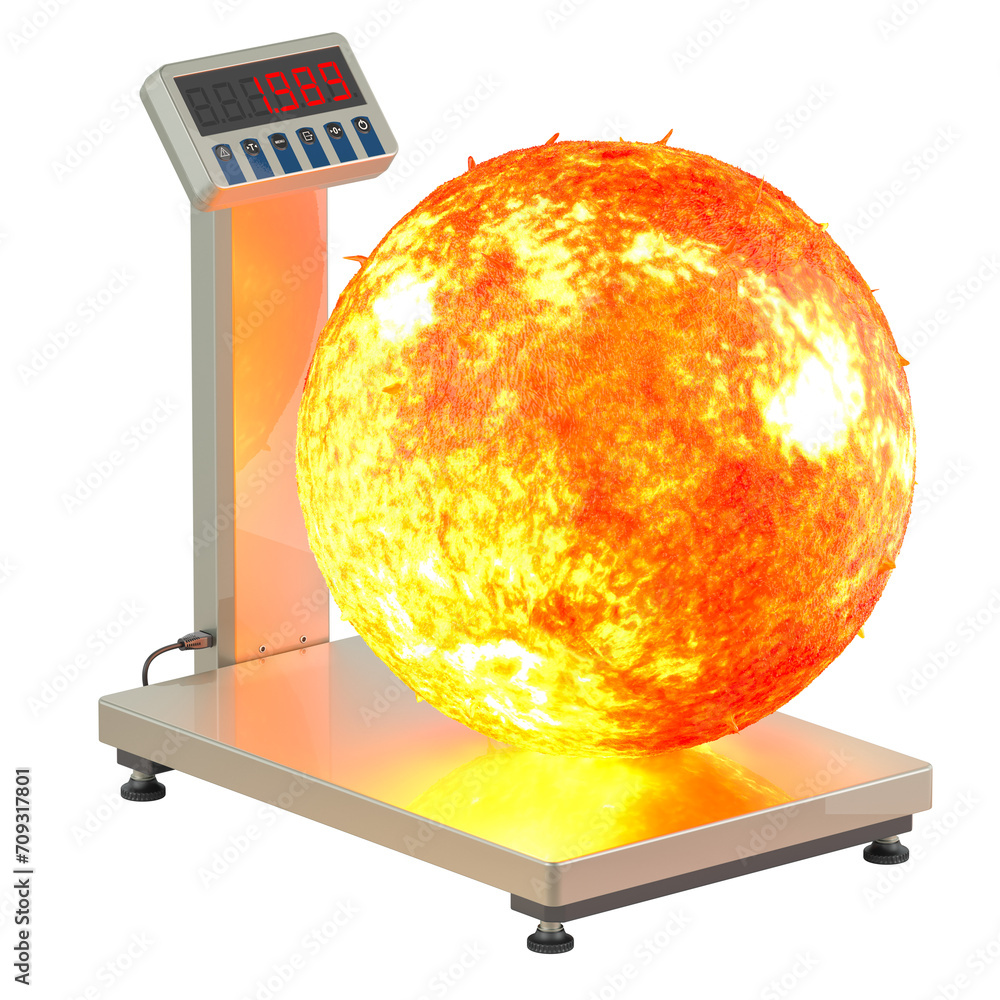Poster solar mass, concept. warehouse scale with sun, 3d rendering isolated on transparent background