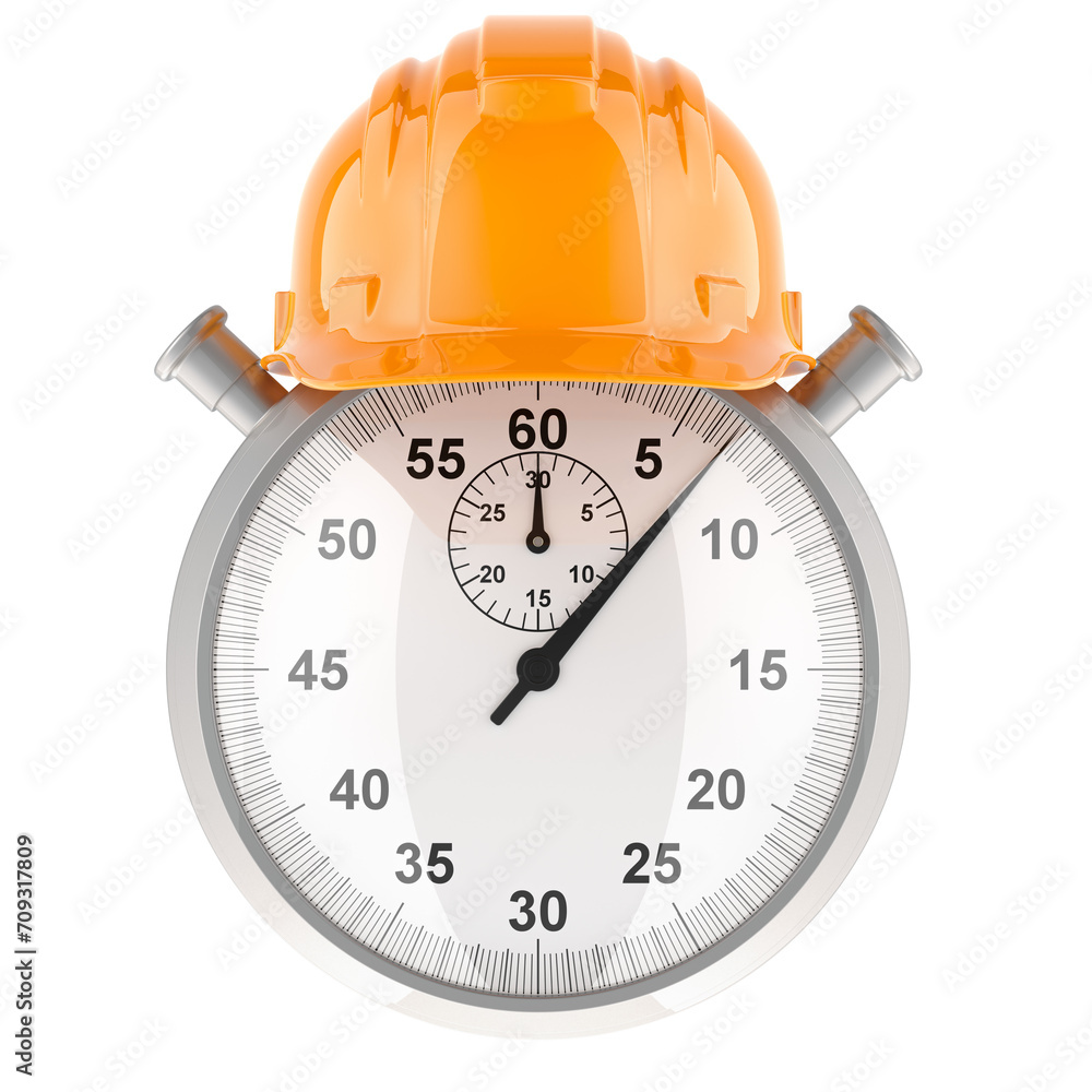 Poster stopwatch with construction orange hard hat, 3d rendering isolated on transparent background