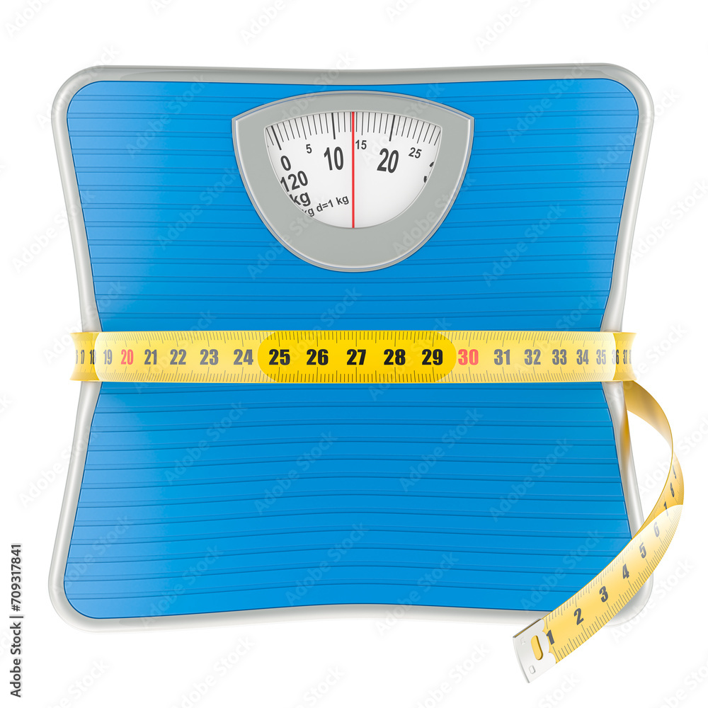 Poster weight scale with measure tape around. diet and weight loss concept. 3d rendering isolated on transp