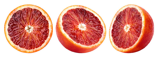 red blood orange slice, isolated on white background, clipping path, full depth of field - obrazy, fototapety, plakaty