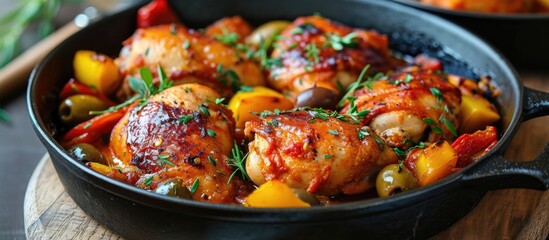 Chicken cooked in a Basque style with peppers, olives, and tomatoes. - obrazy, fototapety, plakaty