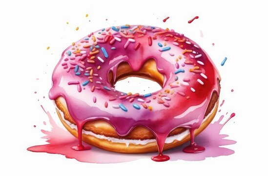 Flying donut with red, pink icing, sugar sprinkles on white background. Valentine Day concept illustration watercolor style greeting card. Delicious dessert, pastry and bakery element.