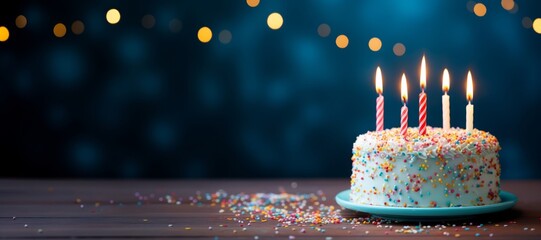 Festive birthday cake with burning candles and Sprinkles on background with copy space