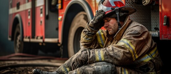 Photo of exhausted firefighter resting by fire truck. - obrazy, fototapety, plakaty