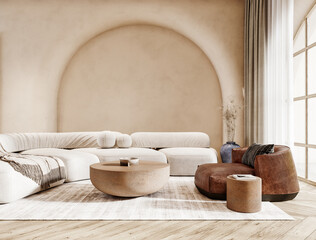 Fototapeta premium Modern white beige interior design of living room with empty wall background. 3D Rendering, 3D Illustration