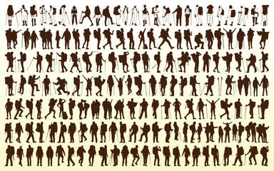 Male and female hiker or Hiking in mountains silhouettes vector - obrazy, fototapety, plakaty