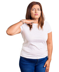 Middle age latin woman wearing casual white tshirt cutting throat with hand as knife, threaten aggression with furious violence