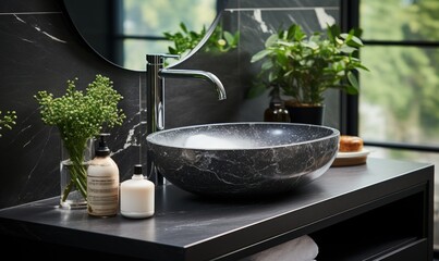 Stylish round black marble sink and chrome faucet. Minimalist interior design of a modern bathroom