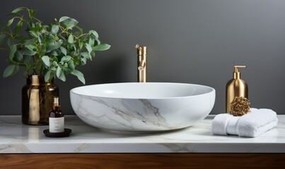 Fototapeta na wymiar Stylish round white marble sink and chrome faucet. Minimalist interior design of a modern bathroom